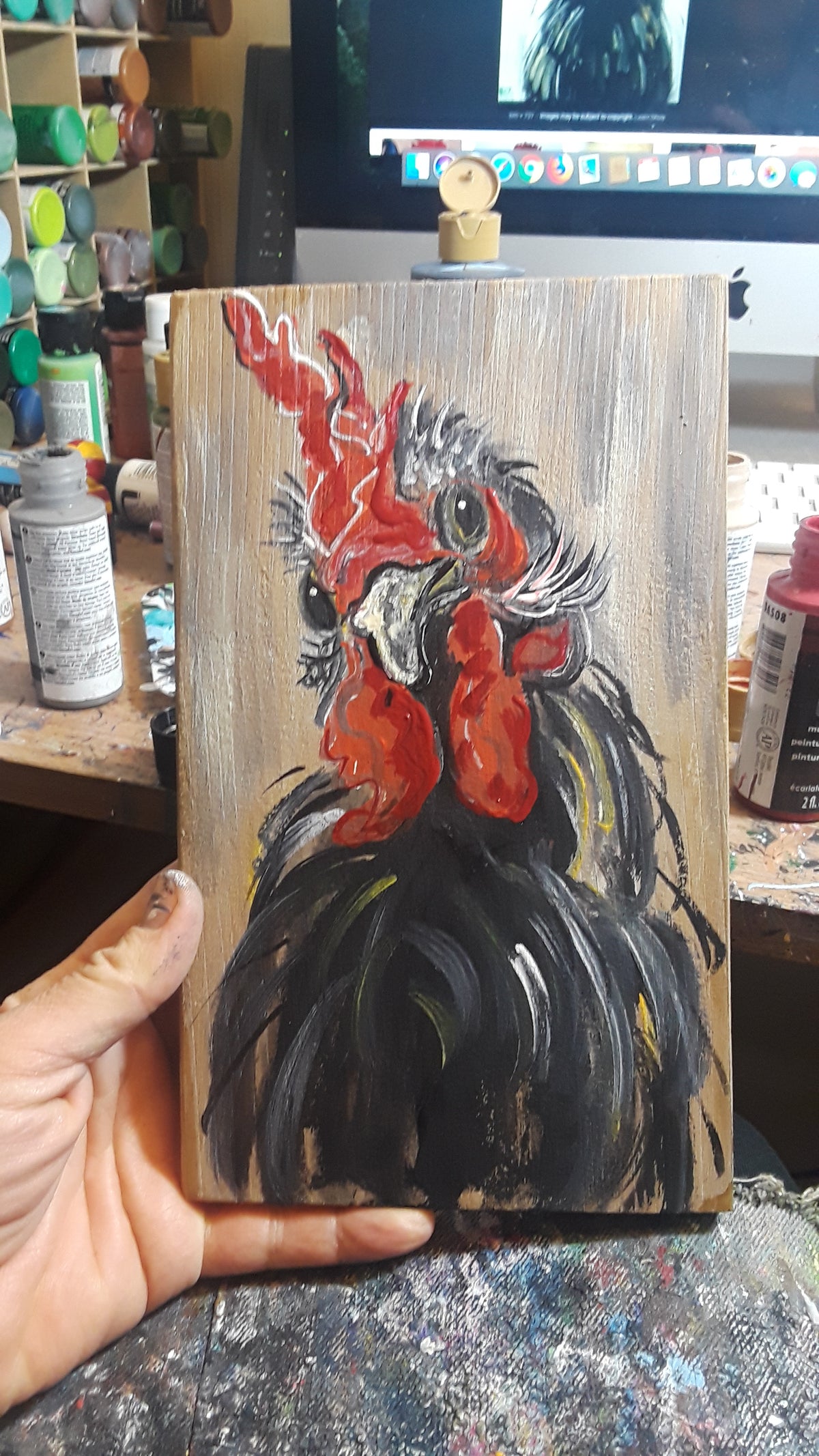 Chicken art on reclaimed wood