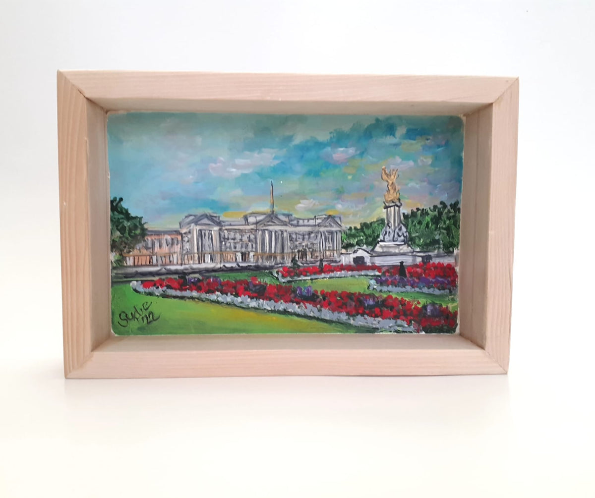 Original painting of the Buckingham Palace in a 7x9 inch shadow box